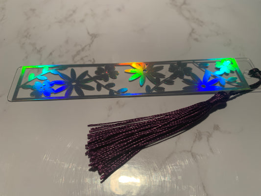 Large floral holographic bookmark - silver