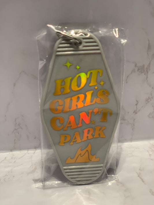 “Hot Girls Can’t Park” classic motel style keychain