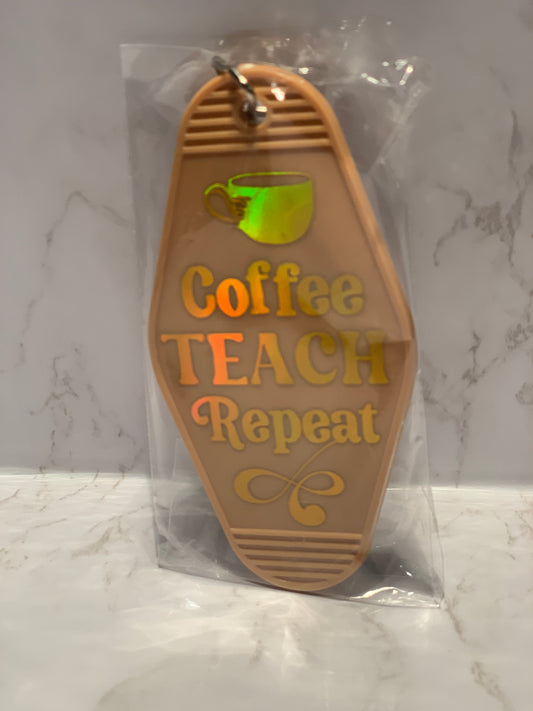“Coffee teach repeat” classic motel style keychain